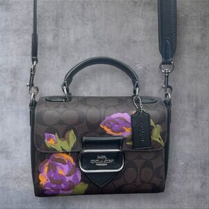 COACH Morgan Top Handle Crossbody Satchel Purse Signature Canvas With Rose Print